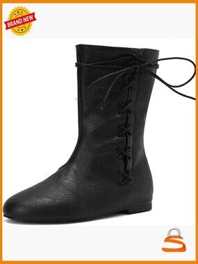 Vintage Lace Up Ankle Boots Round Toe Flat Heel Medieval Costume Shoes